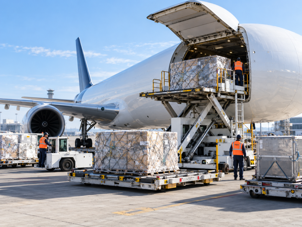 Air freight cargo airplane loading